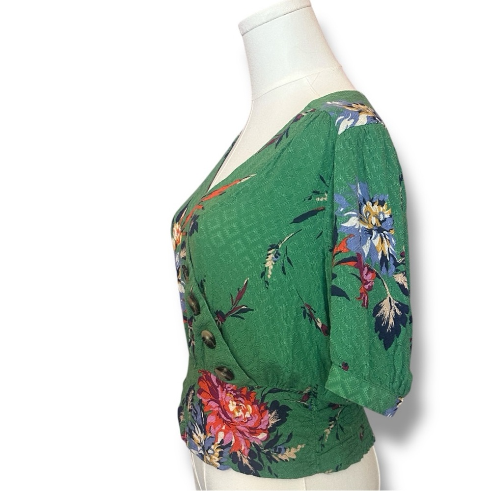 Anthropologie Green Floral V-Neck Puff Sleeve Top - Picture 8 of 13